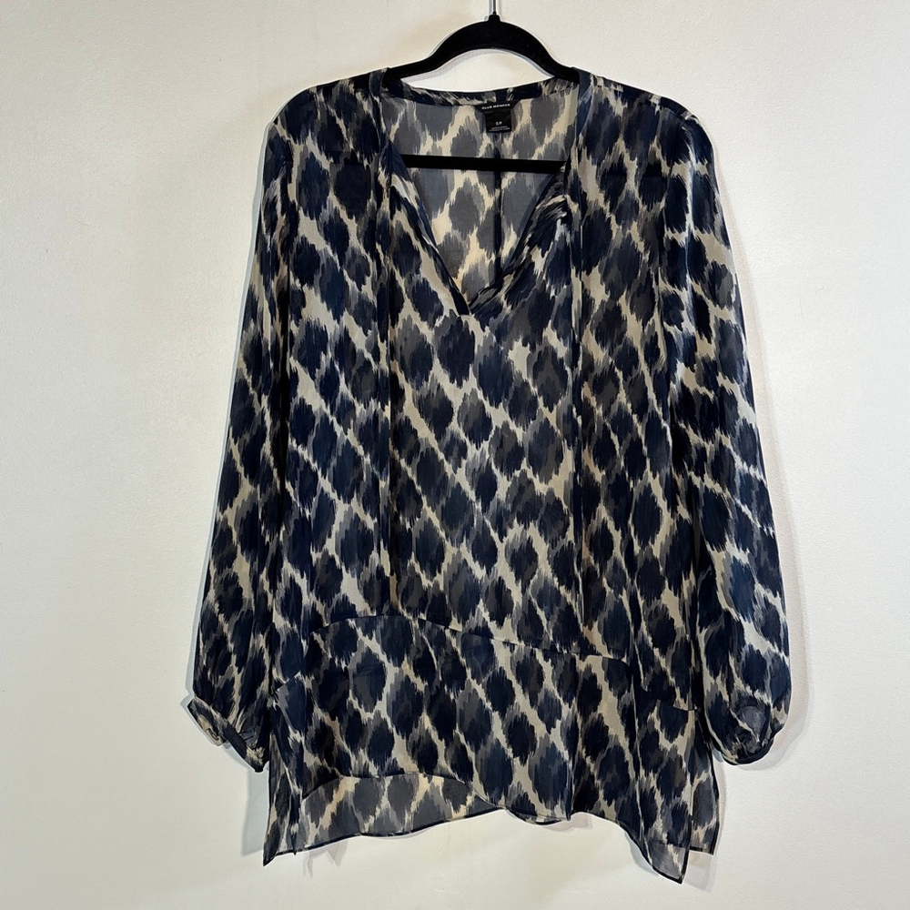 Club Monaco Silk Blue Beige Blouse Women’s Small Sheer Abstract Tie Front